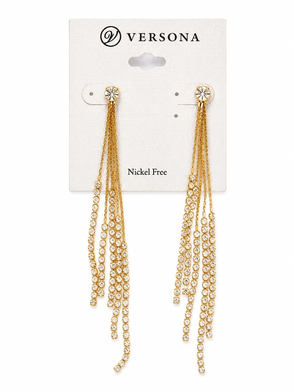 Modern Glam Gold Rhinestone Chain Fringe Dangle Chandelier Earrings Nickel Free